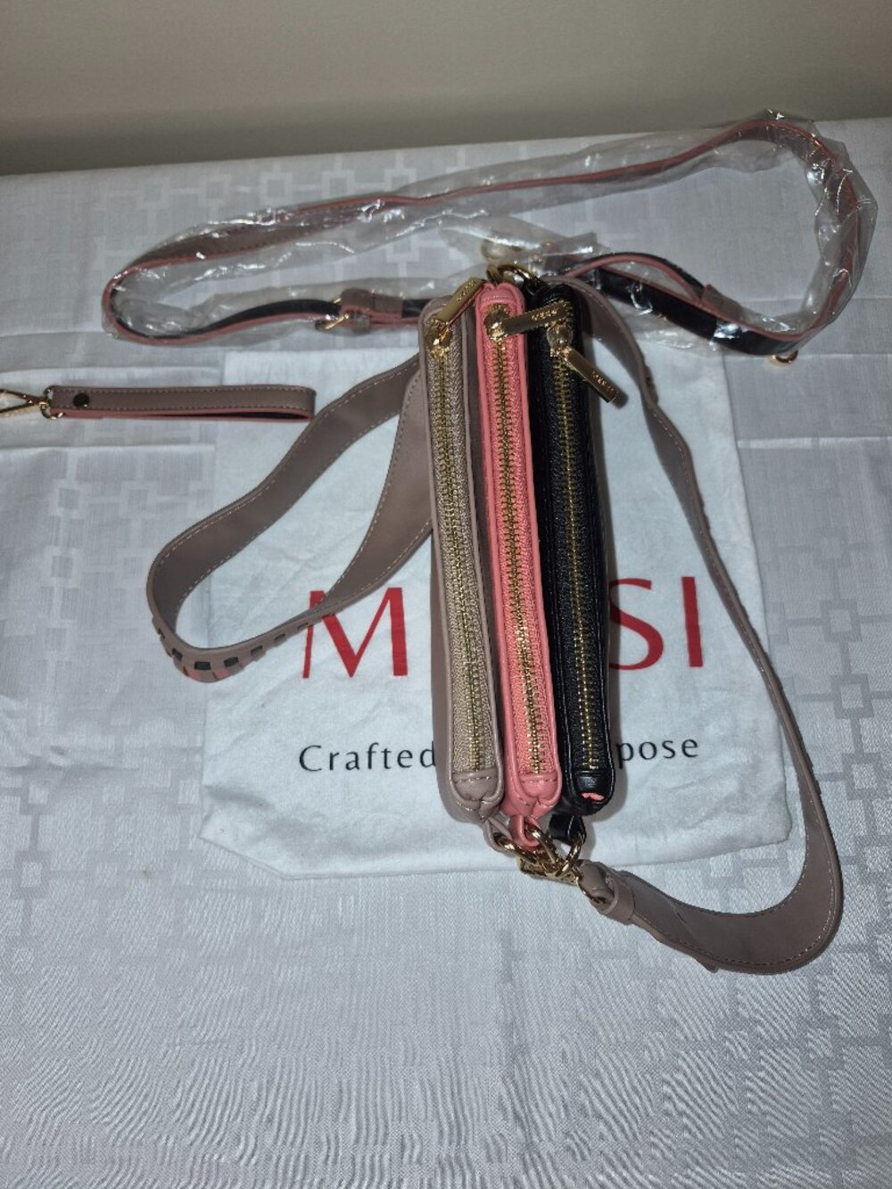 MERSI 3-in-1 Convertible Crossbody Bag Taupe Pink Black with Extra Straps